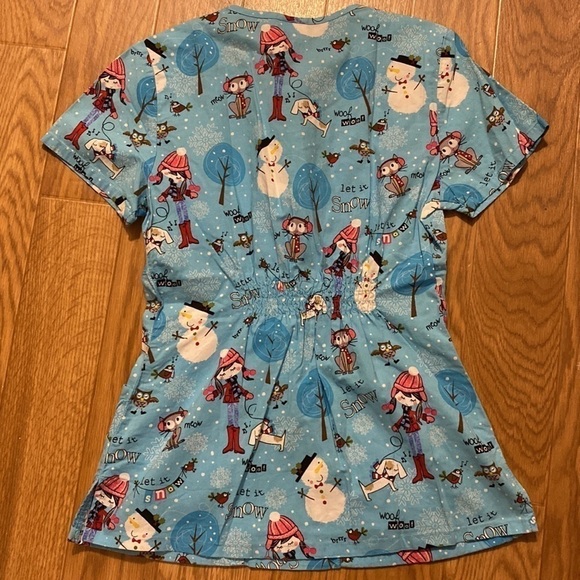 DICKIES Blue  Winter Snowman Theme Scrub Top Shirred Back Pockets (Size XS) - Picture 2 of 7